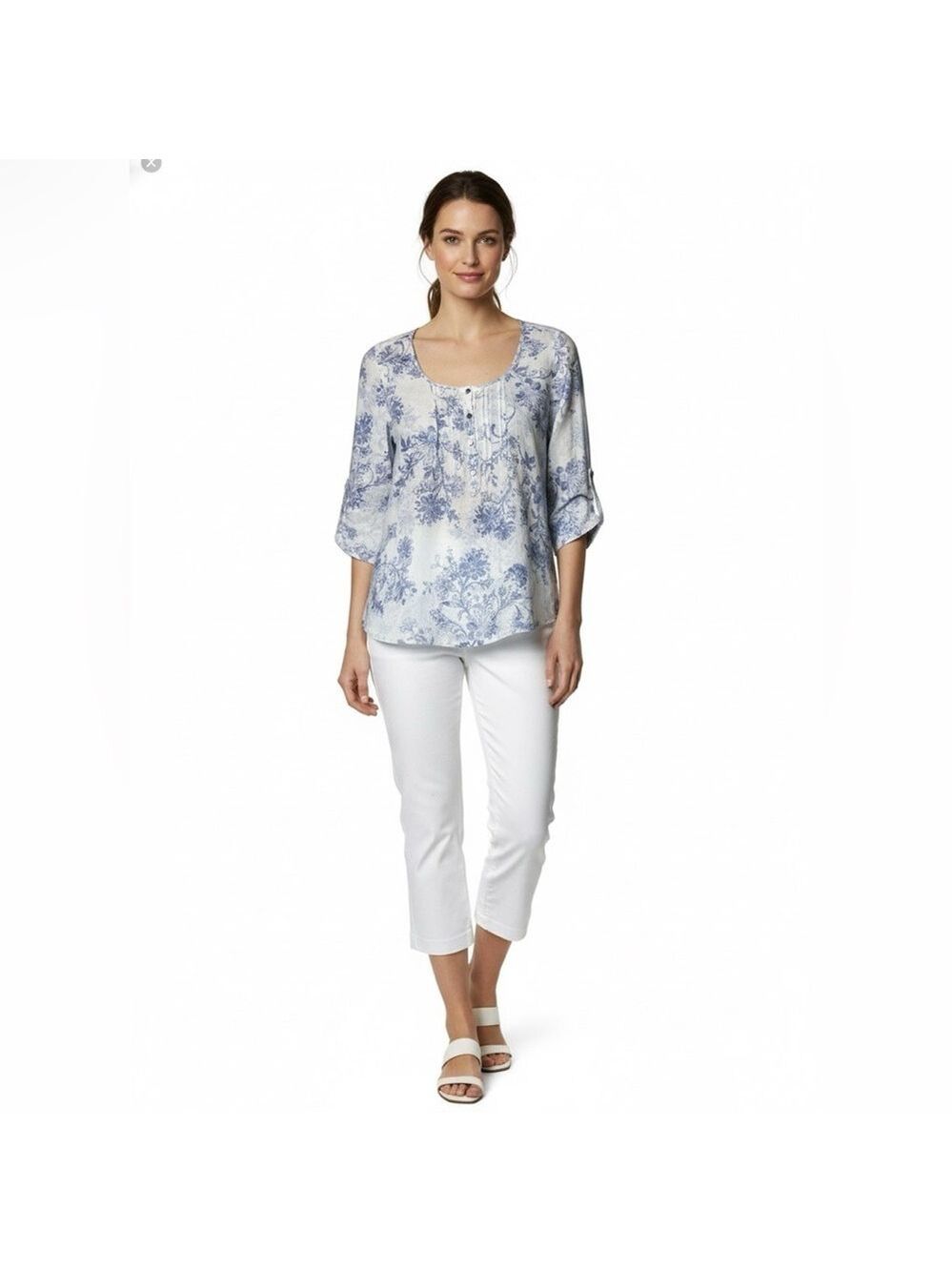 MARKS & SPENCER 100% Linen with Love White Blue 3/4 Roll Tab Sleeve Top Sz S